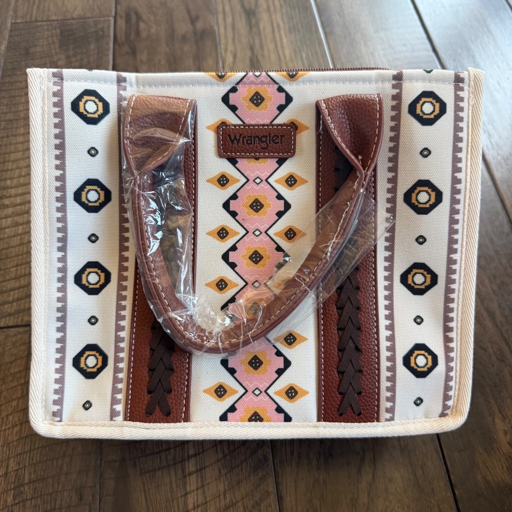 Wrangler NWT Southwestern Canvas Purse Pink Brown Geometric Braided Trim